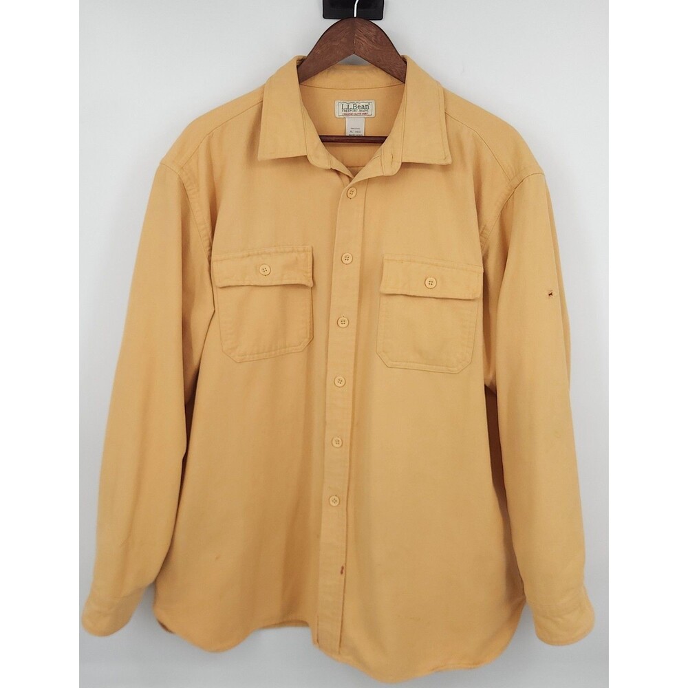 LL Bean Heavyweight Cotton Work Shirt XL Reg Mustard Yellow Long Sleeve Flaws